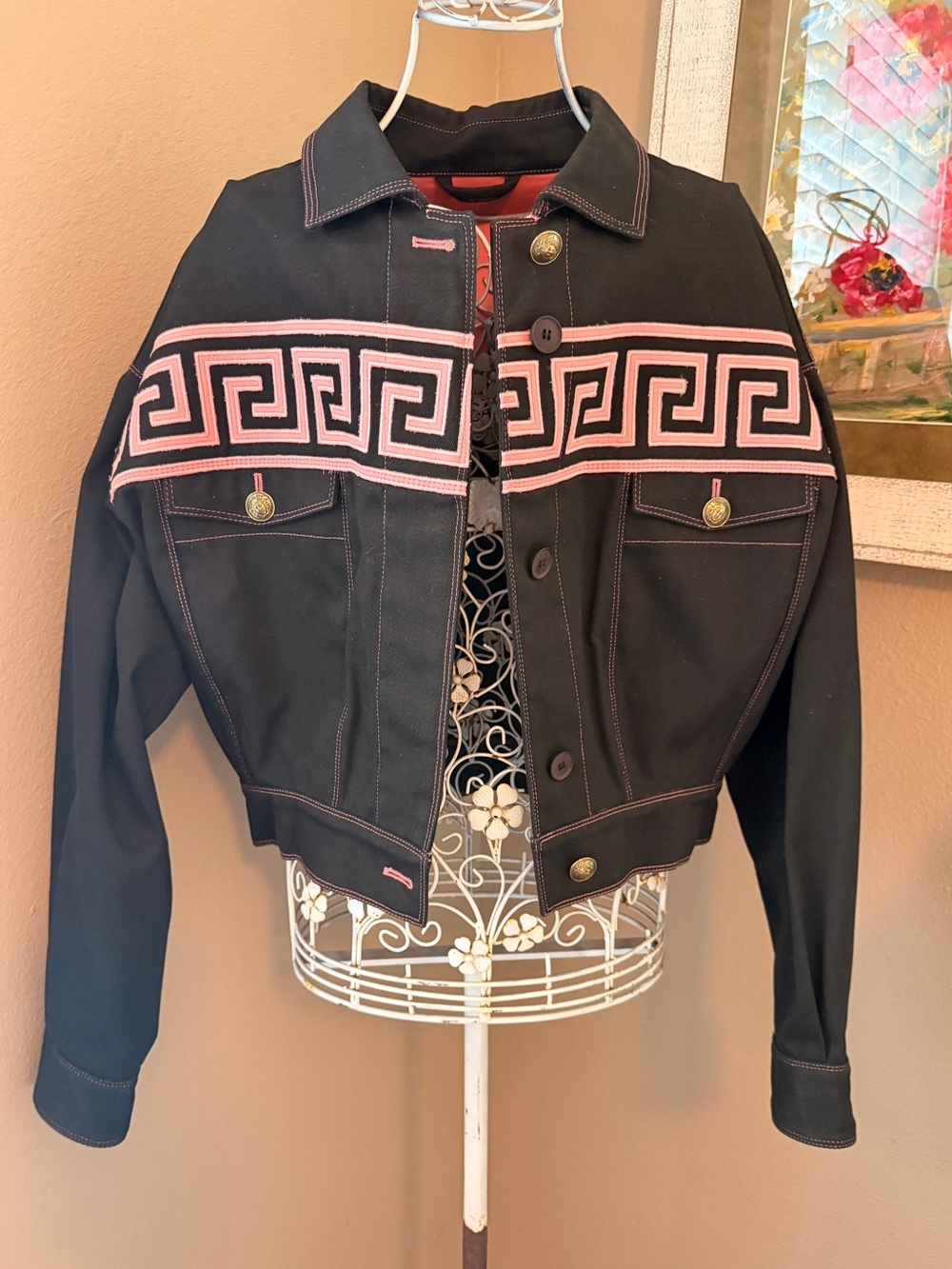 Versace Dark Denim Cropped Jacket w/ Pink Embroidered Signature Greek Key Design